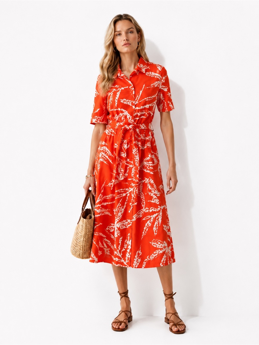 DKNY Orange White Tropical Print Midi Shirt Dress Belted Size 6